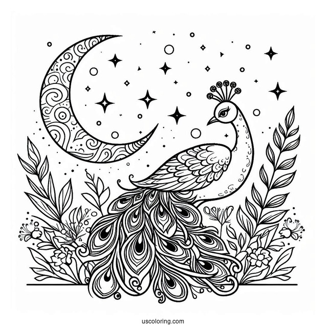 Peacock Coloring Page at Night with Crescent Moon and Stars