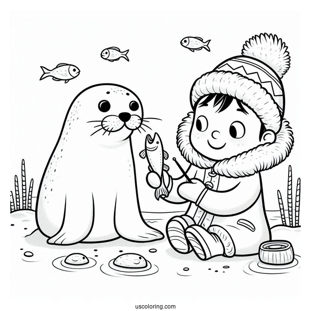 Cartoon Eskimo Feeding Fish To A Seal Coloring Page