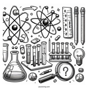 Science Coloring Page Of Elements Atom, Magnet, Test Tubes, Beaker, Light Bulb, And Magnifying Glass