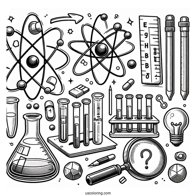 Science Coloring Page Of Elements Atom, Magnet, Test Tubes, Beaker, Light Bulb, And Magnifying Glass