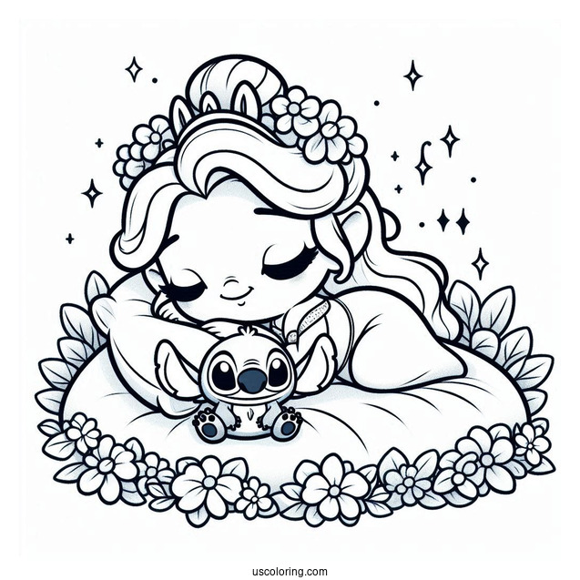 Sleeping Beauty Coloring Page Of Kawaii Stitch As Princess Aurora For Preschoolers