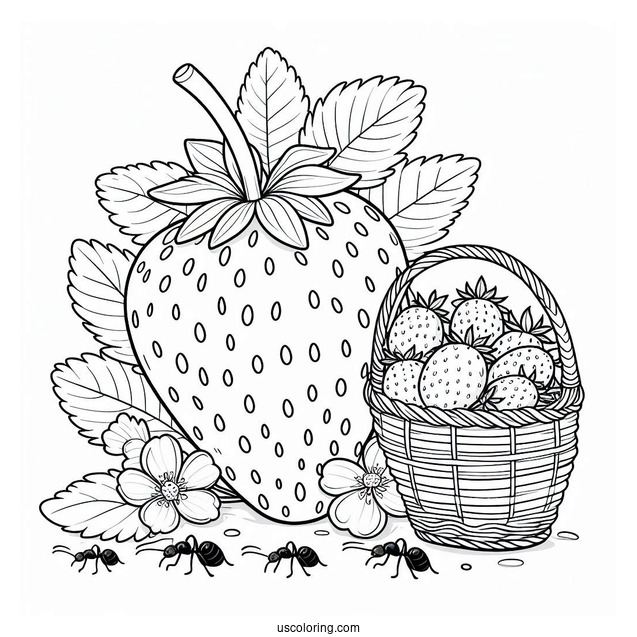Giant Strawberry Coloring Page Beside A Basket With Ants