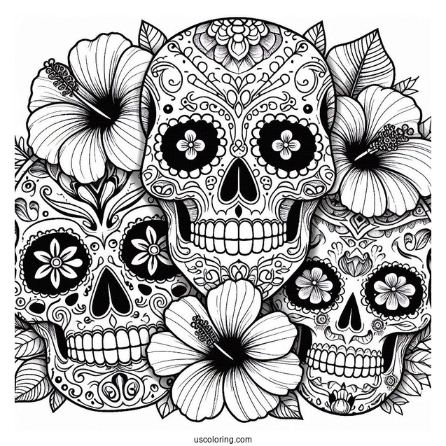 Detailed Sugar Skulls Coloring Page Design With Hibiscus Flowers