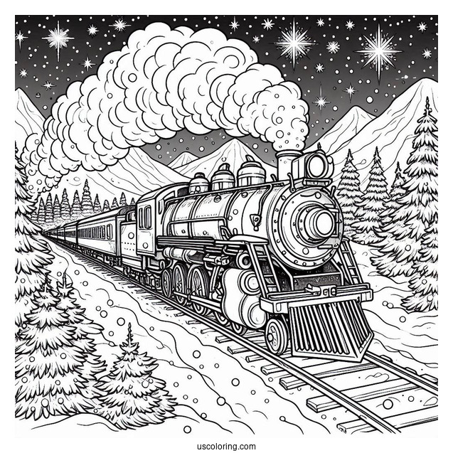 Detailed Polar Express Coloring Page Of Train In A Snowy Night