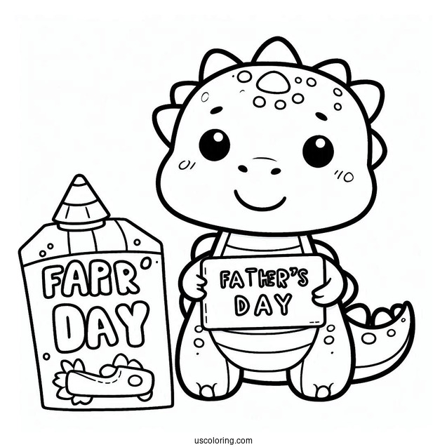 Father's Day Coloring Page Of Cute Dinosaur Holding A Happy Father's Day Sign For Kids
