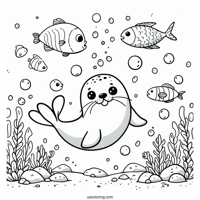 Happy Seal Coloring Page Underwater With Fish