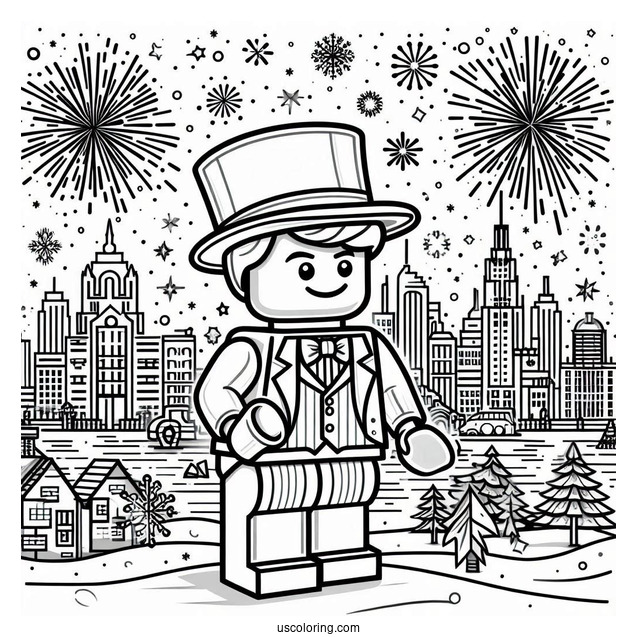 New Year Coloring Page Of Lego Gentleman With City And Fireworks Behind Him For Kids