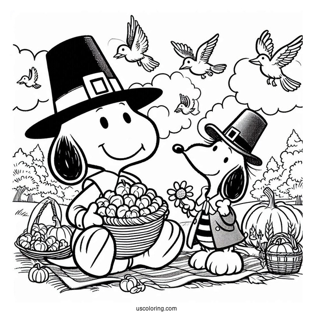 Pilgrim Coloring Page Snoopy And Woodpecker Celebrating Thanksgiving