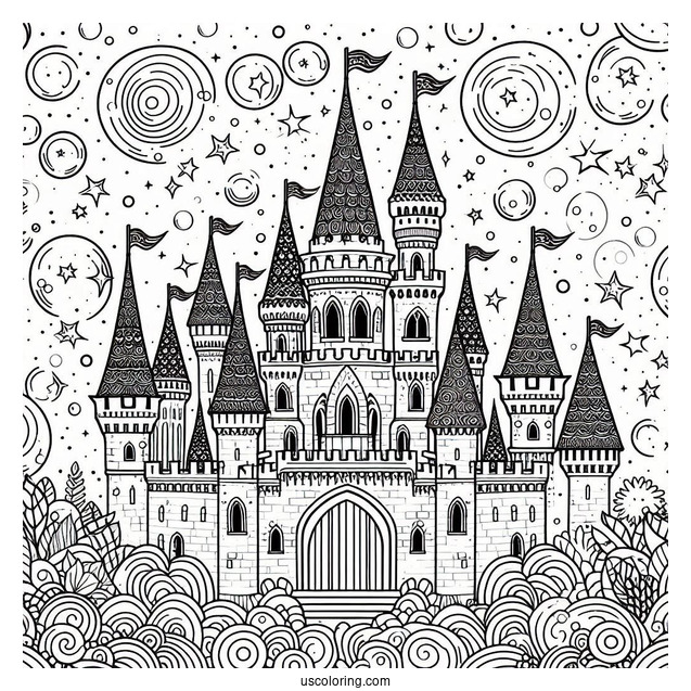 Magical Castle Coloring Page With Bubbly Background
