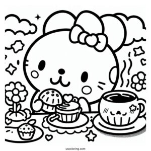 Sanrio Coloring Pages Of Pompompurin Drinking Tea With Muffin