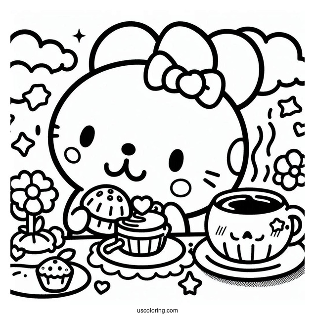 Sanrio Coloring Pages Of Pompompurin Drinking Tea With Muffin