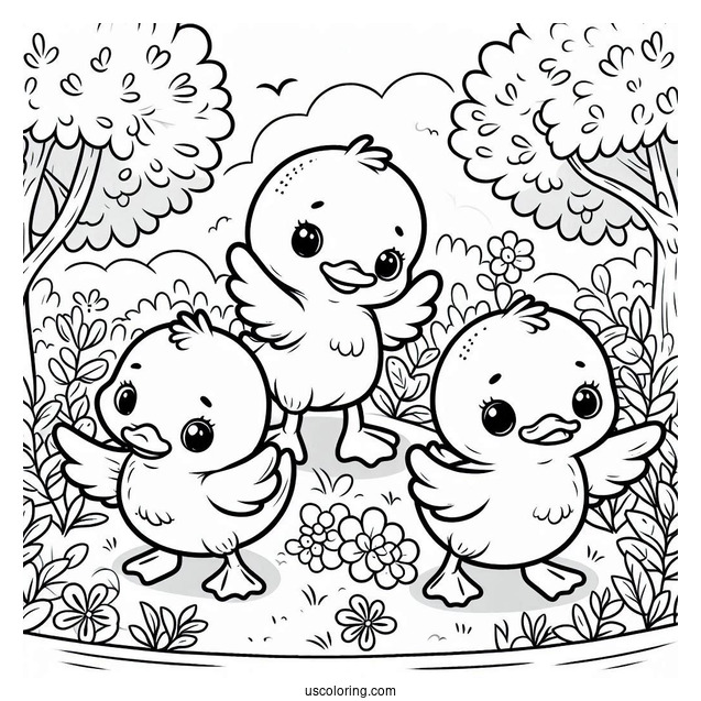 Three Little Ducklings In The Forest Coloring Sheet For Kids