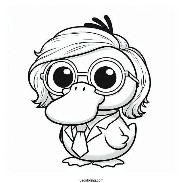 Psyduck Coloring Page Wearing Glasses, Wig, And Necktie For Preschoolers