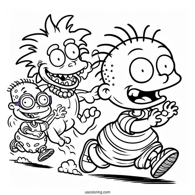 Rugrats Coloring Page Of Reptar Chasing Chuckie And Tommy Rugrats For Kids
