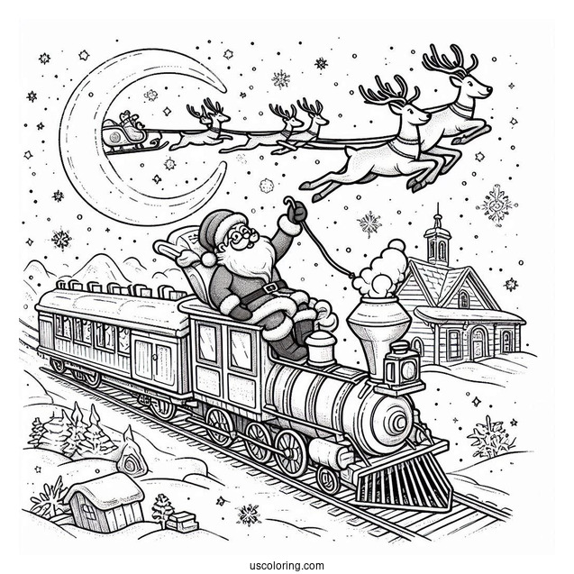 Polar Express Coloring Page Of Santa Claus On His Sleigh Flying Over The North Pole