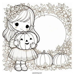 Precious Moments Coloring Page Of Girl Holding Pumpkin In Autumn