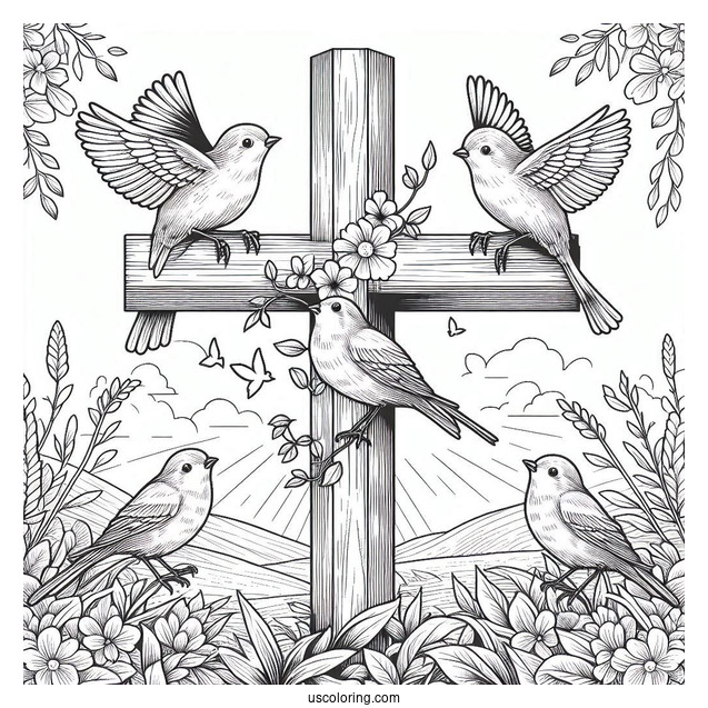 Four Birds Perched On A Cross Coloring Page