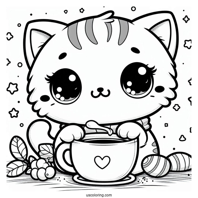 Kawaii Kitten Holding A Steaming Cup Of Coffee Coloring Page