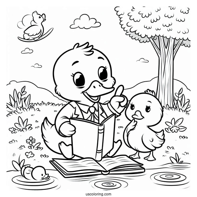 Smart Duck Reading by the Pond Coloring Page