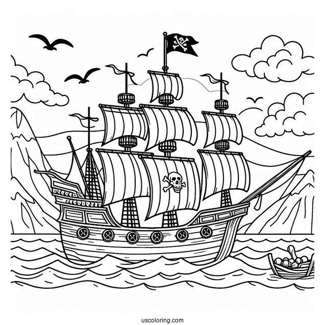 Pirate Ship Coloring Page On A Calm Sea For Kids
