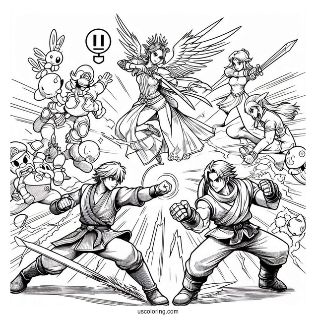 Super Smash Bros Coloring Page Of Characters Fighting For Kids