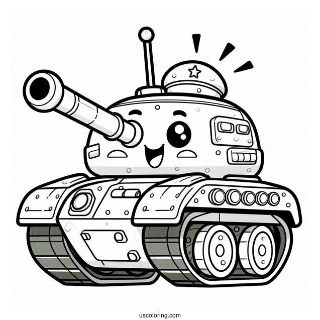 Coloring Sheet of Cartoon Military Tank With Smiling Face