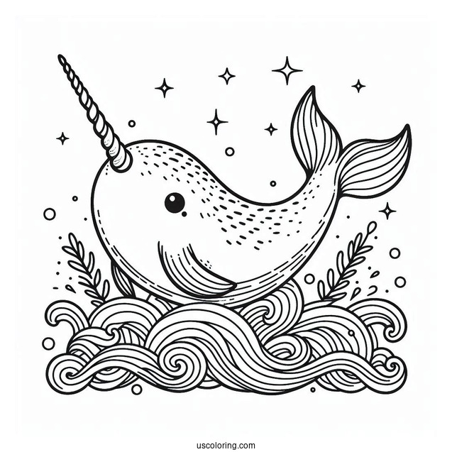 Large Narwhal Coloring Page With Tail Above The Water