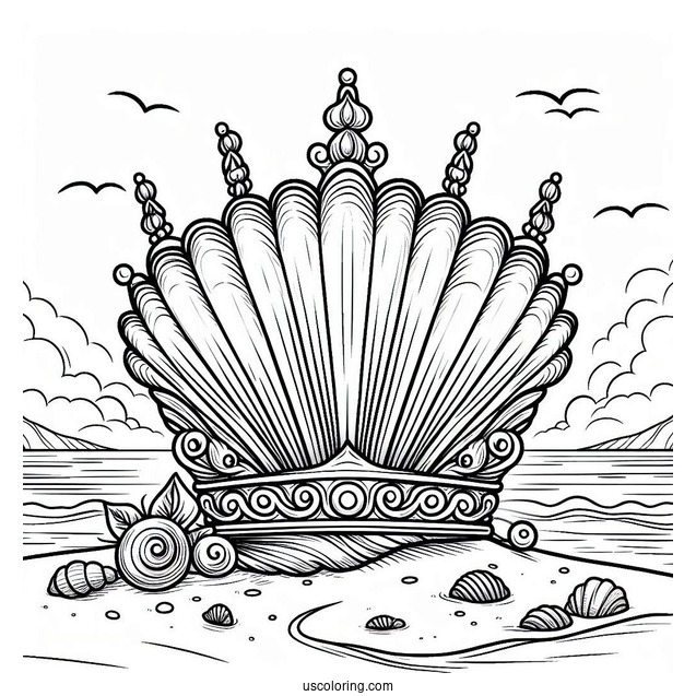 Seashell Crown Coloring Page on a Tropical Beach
