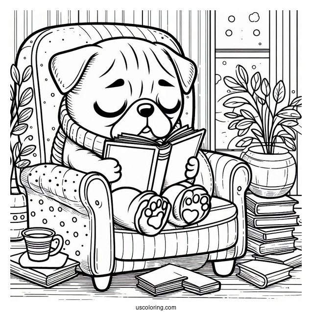 Pug Coloring Page Reading a Book in Armchair