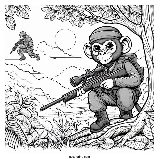 Monkey Creeping Up On Hunter With Gun In Jungle Coloring Page