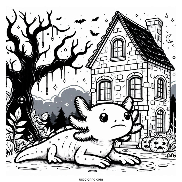 Sad Axolotl Coloring Page Outside A Haunted House