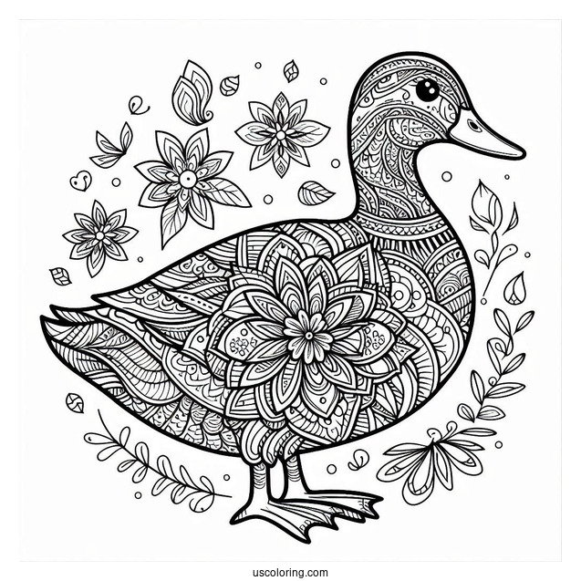 Intricate Duck Mandala with Floral Patterns Coloring Page For Adults
