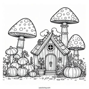 Tiny Houses And Pumpkins Growing On Top Of A Mushroom Coloring Page