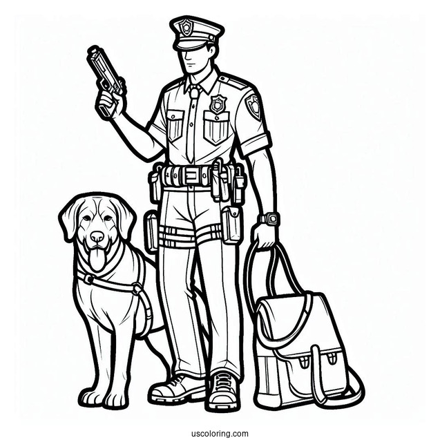 Police Man With Police Dog To Color