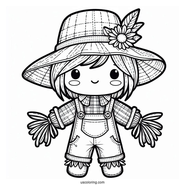Cute Scarecrow Coloring Page With Hat And Overalls For Kids