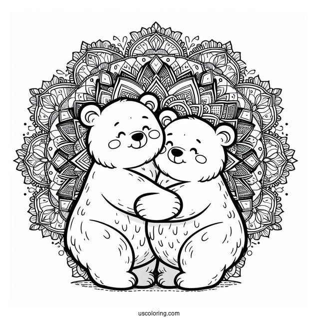 Two Cartoon Bear Coloring Page Hugging In Front Of Mandala