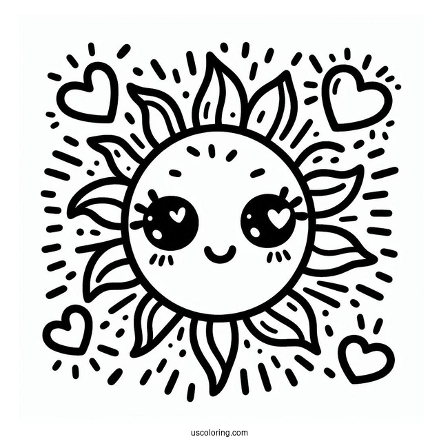 Adorable Summer Coloring Page Of Sun With Love Heart Sunrays For Preschoolers