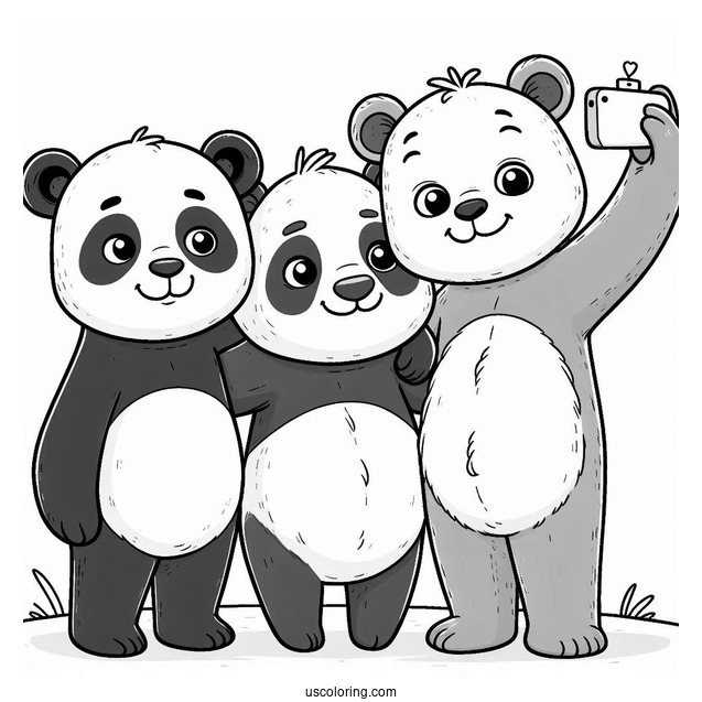 Cartoon Bear Coloring Page Taking Selfie With Panda And Polar Bear