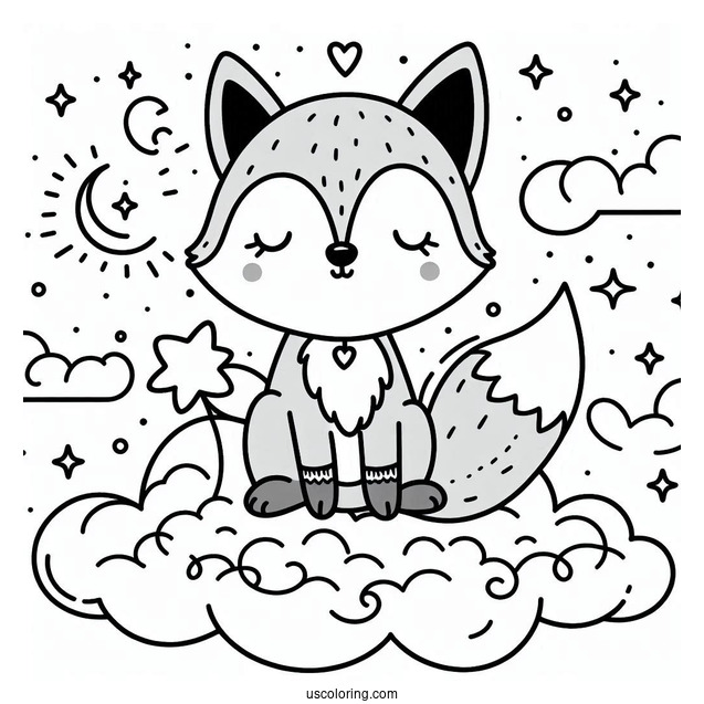 Lovely Fox Coloring Page Holding A Star On A Cloud For Preschoolers