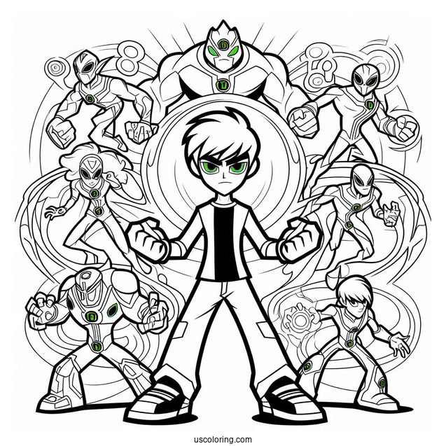 Ben 10 Coloring Page Of Ben Tennyson With All Ten Aliens