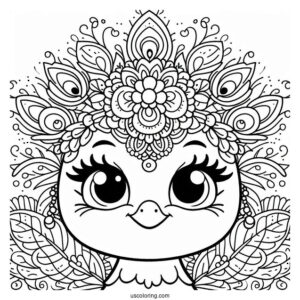 Smiling Cartoon Peacock Coloring Page with Floral Crown and Fanned Feathers For Kids