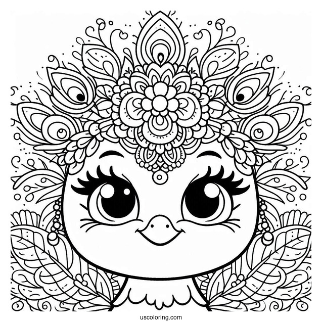 Smiling Cartoon Peacock Coloring Page with Floral Crown and Fanned Feathers For Kids