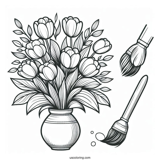 Flower Coloring Pages Of Tulips Bouquet On Paint Brush Handle Vase