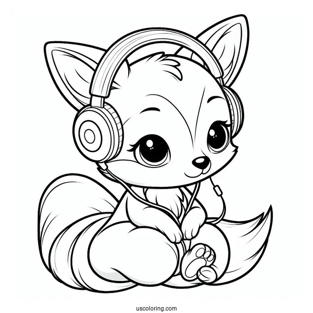 Fox Listening To Music With His Headphones Coloring Sheet