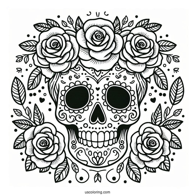 Smiling Sugar Skull Coloring Page Rose Wreath With Leaf Patterns