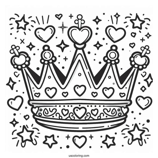 Playful Royal Crown Coloring Page Surrounded by Hearts and Stars For Kids