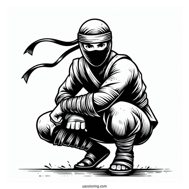 Detailed Ninja Crouching Low Coloring Sheet