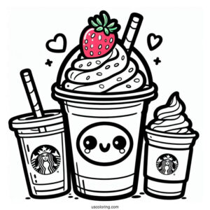 Smiling Cartoon Starbucks Coloring Page Frappe With Strawberry On Top For Kids