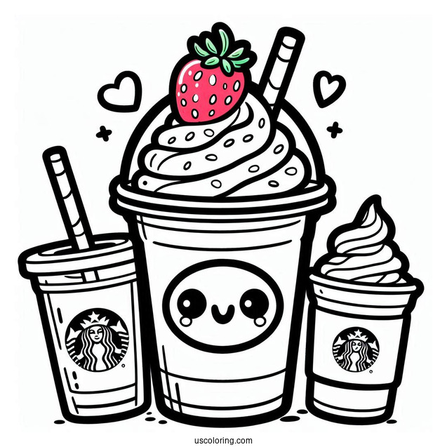 Smiling Cartoon Starbucks Coloring Page Frappe With Strawberry On Top For Kids