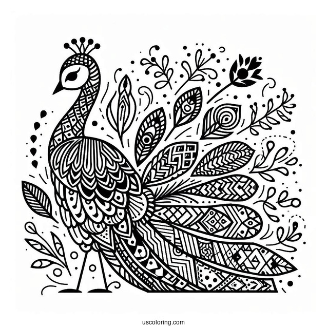Geometric Peacock Coloring Page With Patterned Tail For Kids